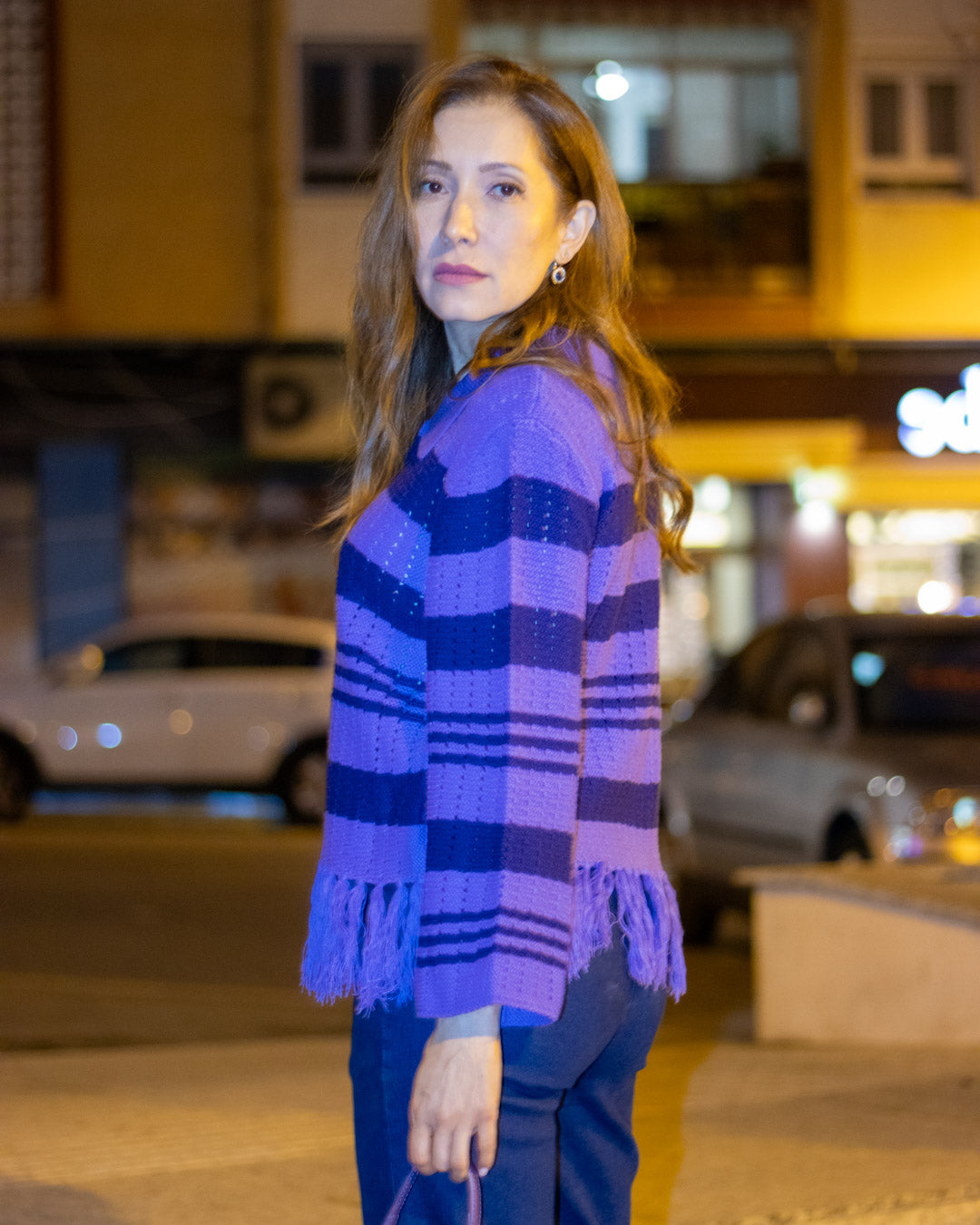 CARDIGAN RAYAS Y FLECOS EN MORADO